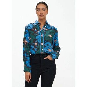 NEW Oliphant Womens Size Medium Button Down Blue & Teal Uzbek Printed Blouse
